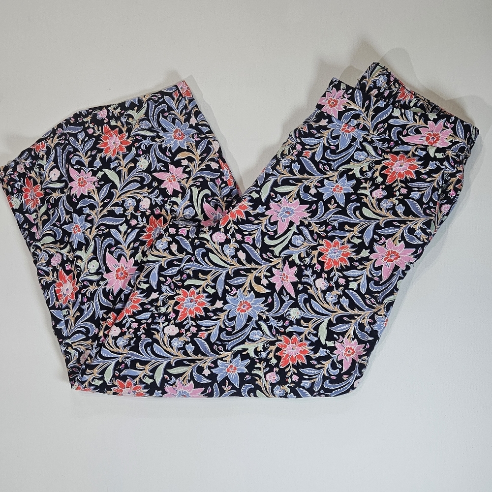 Loft Flowy Pants Womens Medium Pink Blue Floral Wide Leg Vacation Resortwear